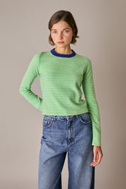 maglia cropped a righe in lana e cashmere mela - menta, made in italy