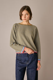 maglia a righe in lana e cashmere avio - muschio, maniche raglan