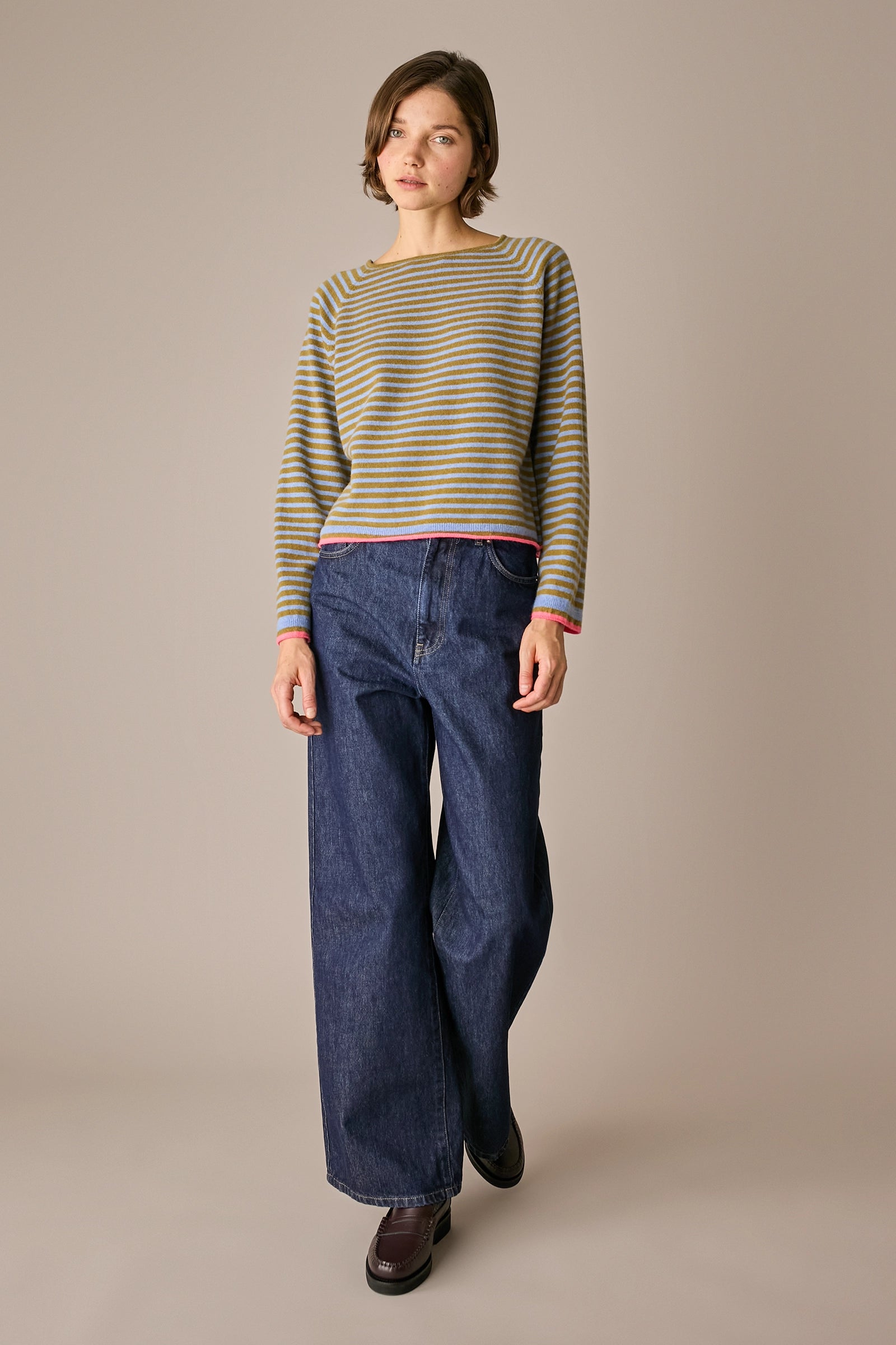 maglia a righe in lana e cashmere, maniche raglan, avio - muschio