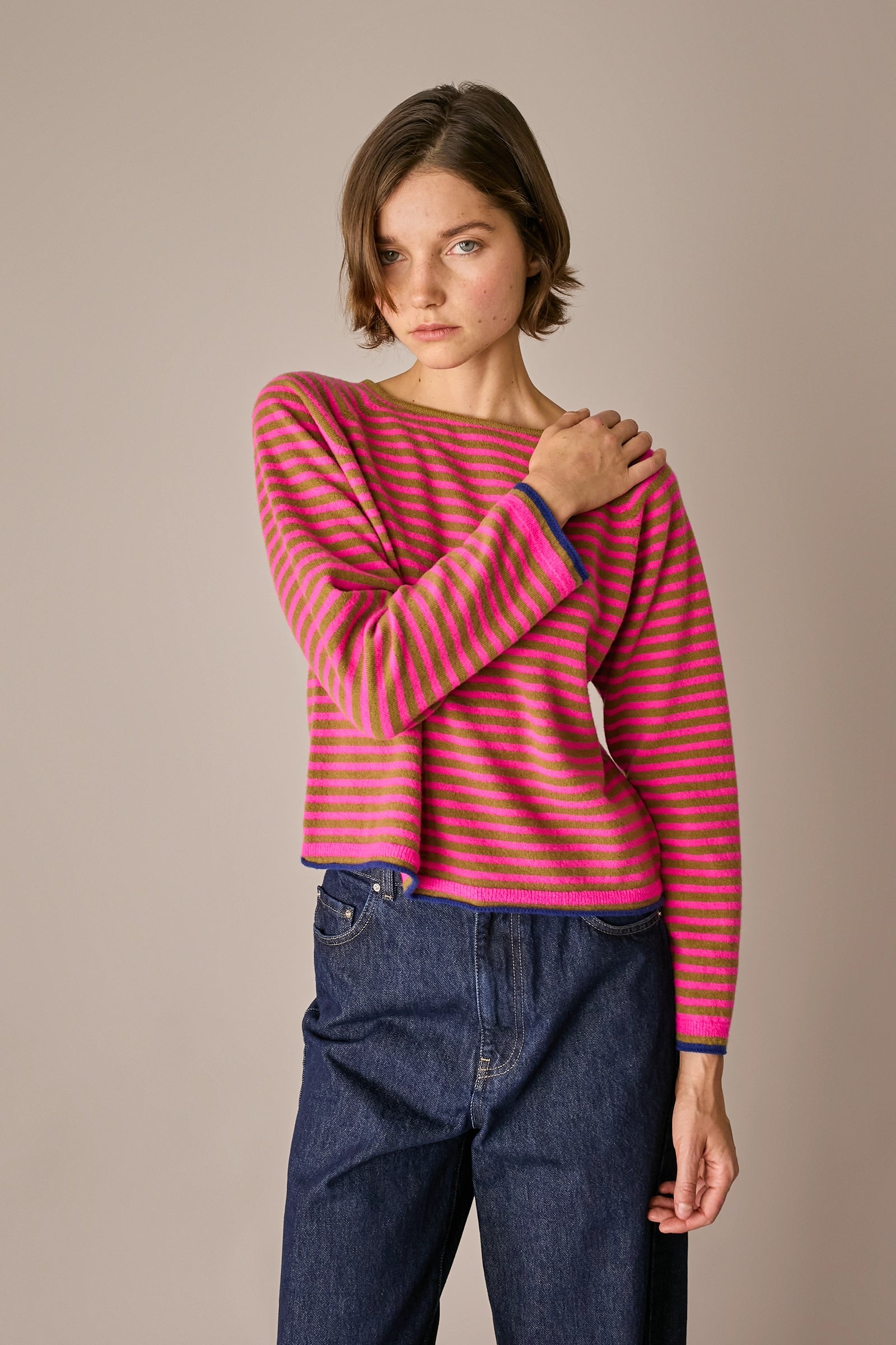 maglia a righe in lana e cashmere fuxia - oliva, maniche raglan