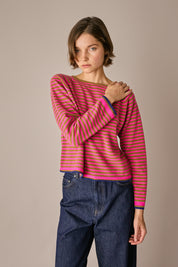 maglia a righe in lana e cashmere fuxia - oliva, maniche raglan