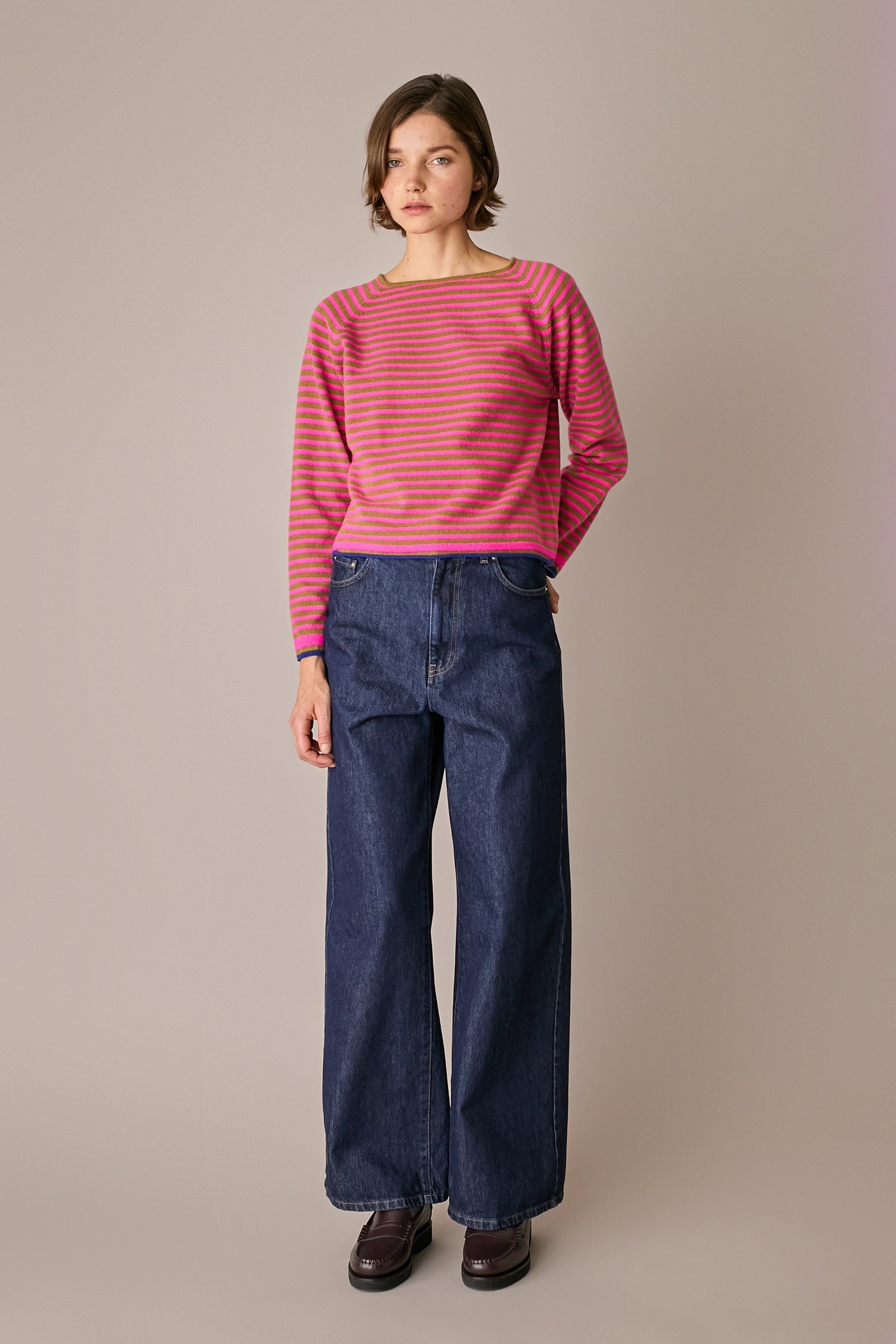 maglia a righe in lana e cashmere, maniche raglan, fuxia - oliva