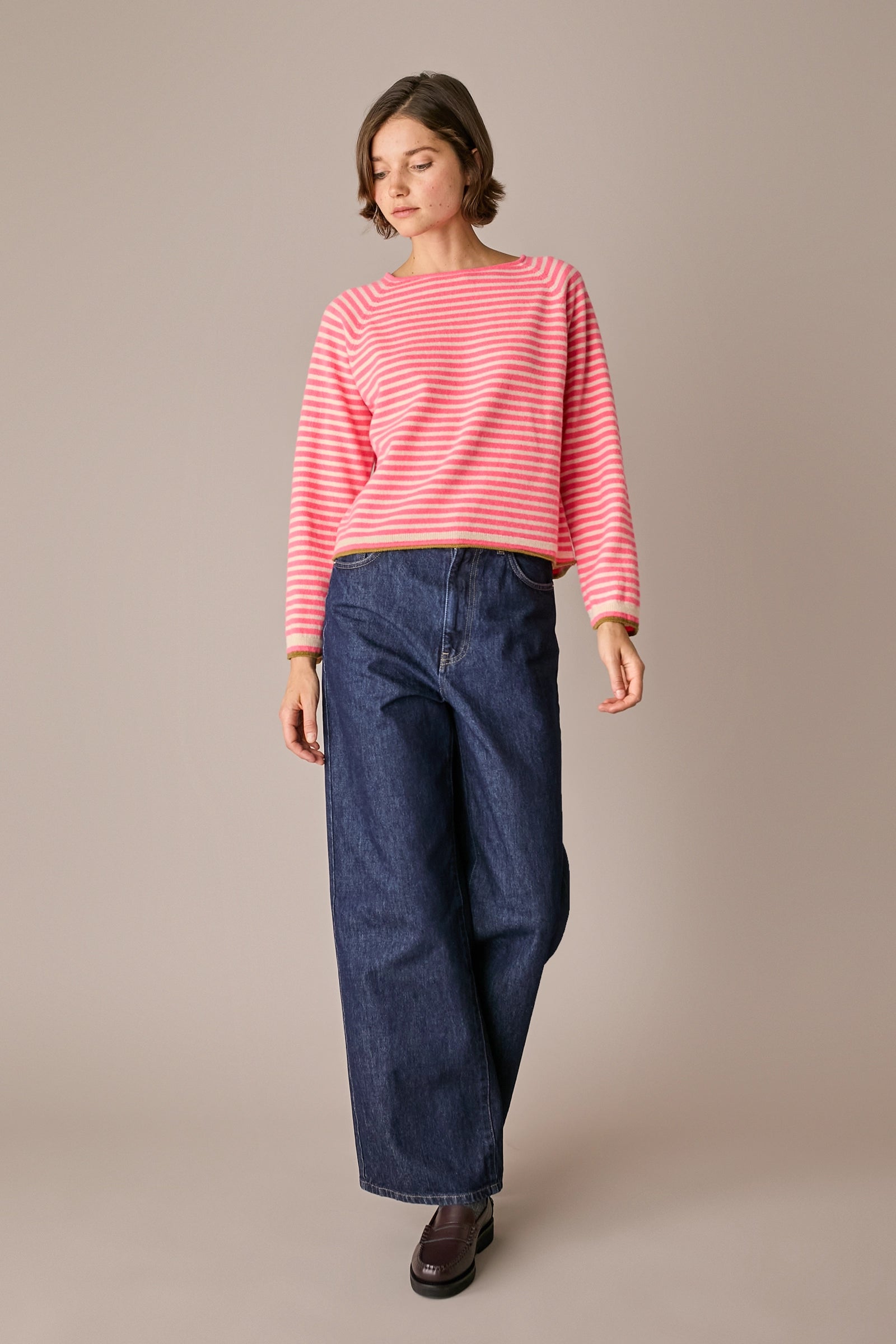 maglia a righe in lana e cashmere, made in italy, fluo - panna