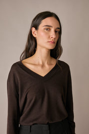 maglia in lana e seta con scollo a v, spalle scese, testa di moro