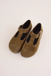 scarpe t-bar con suola in gomma, pelle scamosciata, camoscio tabacco