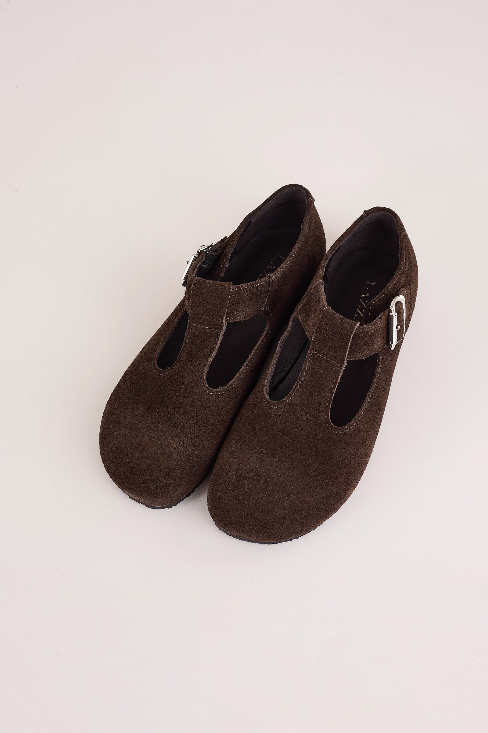 scarpe t-bar con suola in gomma camoscio bruciato, pelle scamosciata