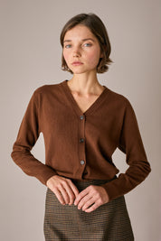 cardigan in lana con scollo a v, polsini e orlo a costine, marrone
