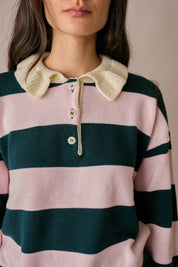 polo rugby il lana con colletto ondulato rosa - verde, colletto a polo