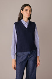 gilet con scollo a v in lana a costine blu navy, spacchi laterali