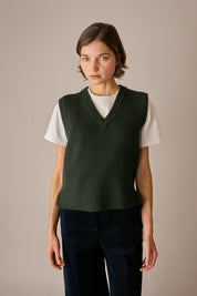 gilet con scollo a v in lana a costine verde bosco, scollo a v