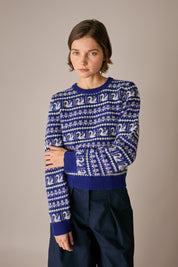 maglia swan dance copiativo, collo, orlo e polsini a costine